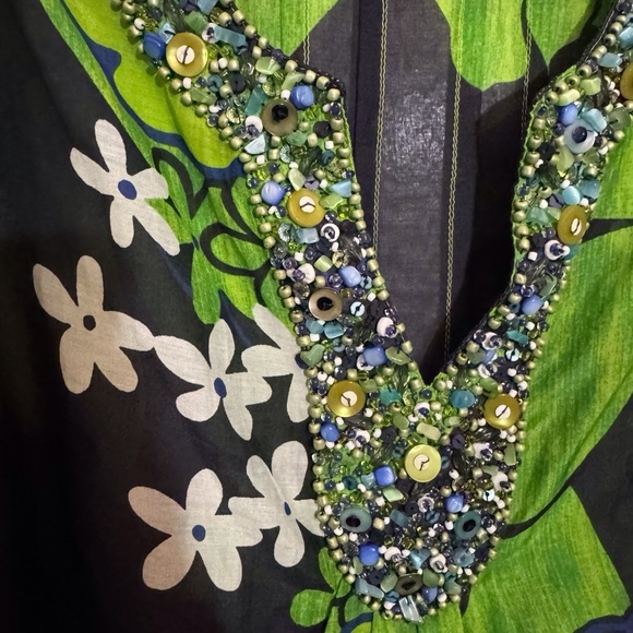 Lafayette 148 New York Size 6 Green Mod Beaded Floral Tunic Top Vacation Beach - Picture 5 of 8